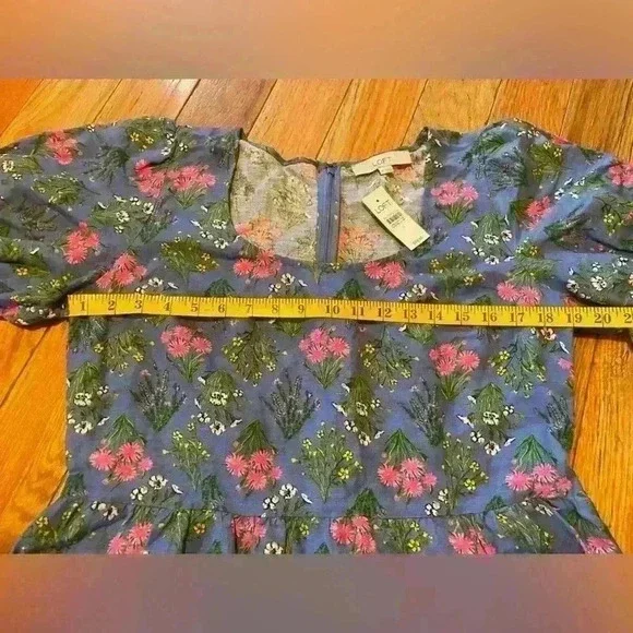 LOFT Blue Floral Babydoll Mini Dress Puff Sleeve Women’s Size 8 Linen Blend NWT - Picture 11 of 12